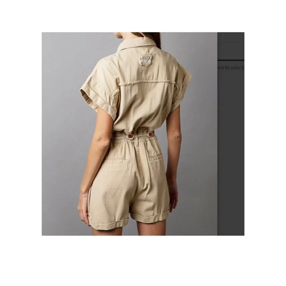 POL romper pol shorts NEW LARGE off white jean romper no belt POL one piece snap